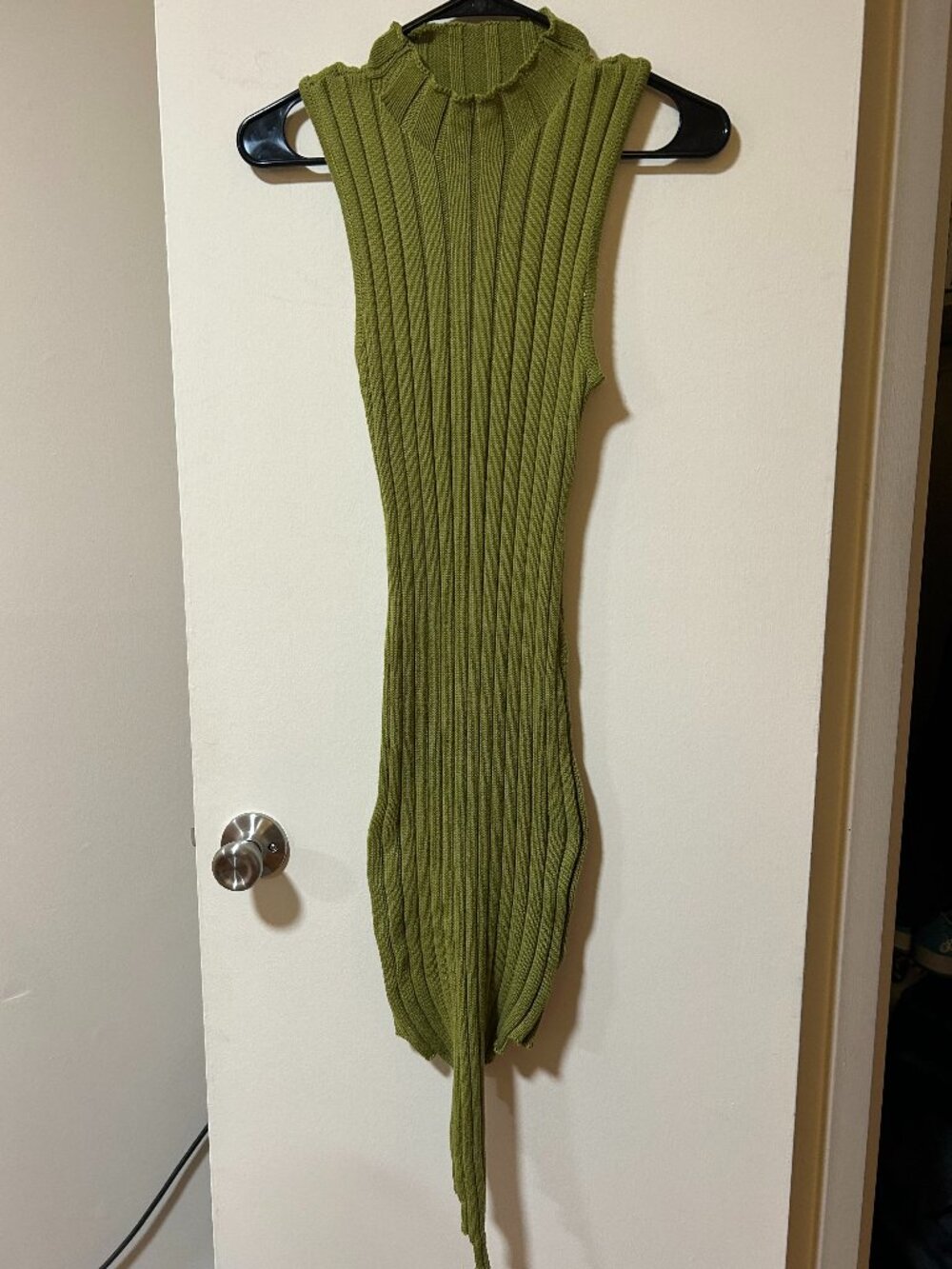 Spring Haze -- green ribbed bodycon midi dress, asymmetrical hem